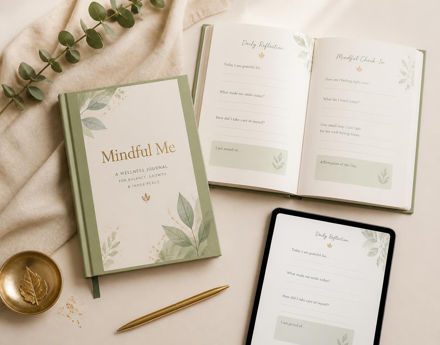 Mindful Me printable wellness journal shown as a printed cover, open guided pages and a tablet mockup