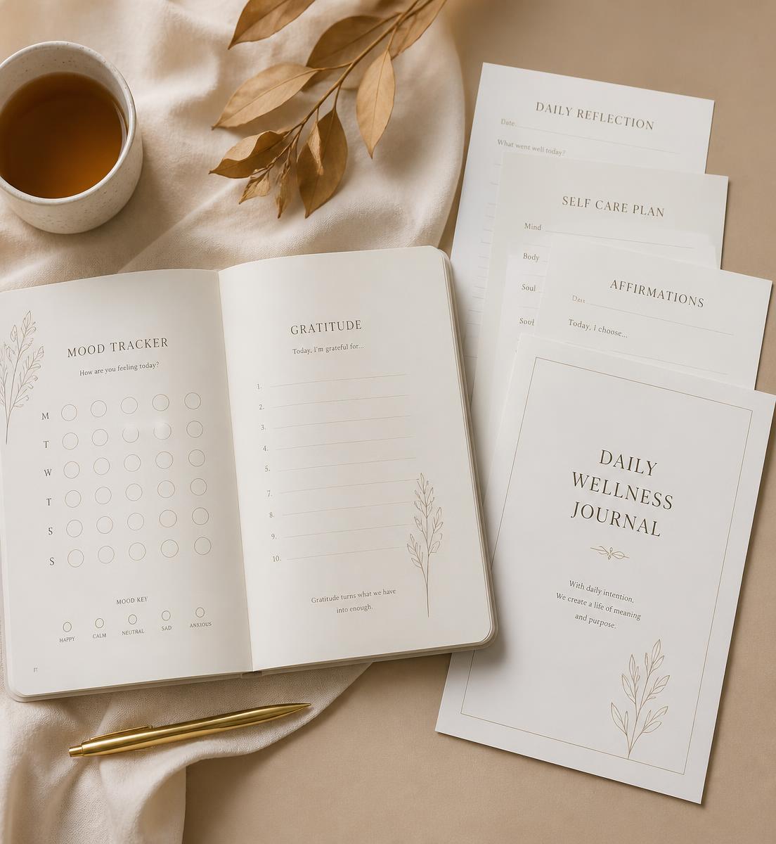 Printed Mindful Me pages including a mood tracker, gratitude page and self-care planner